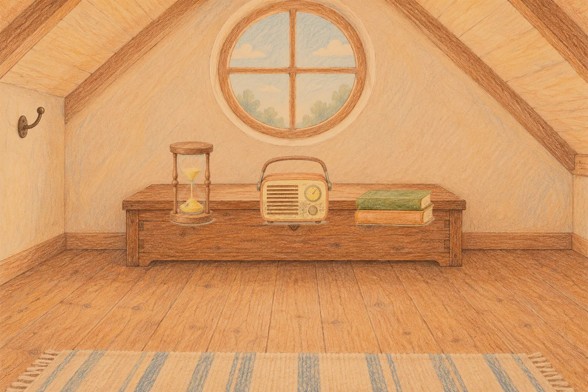 도곡동 여성전용 두통 완화 마사지 안내 그림, 저녁의 다락방 나무 궤짝 위에 놓인 모래시계, 작은 라디오, 책 두 권
