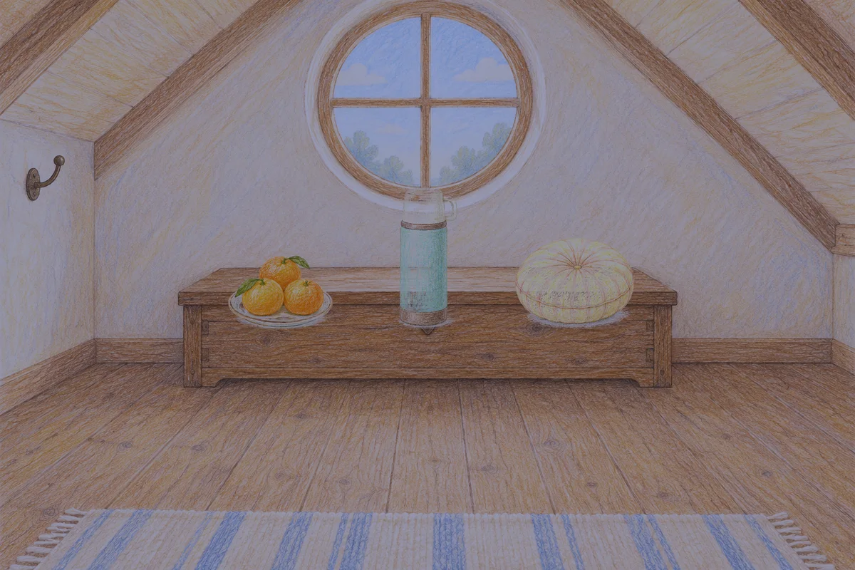도곡동 여성전용 페이셜 마사지 안내 그림, 밤의 다락방 나무 궤짝 위에 놓인 귤이 담긴 접시, 보온병, 둥근 쿠션