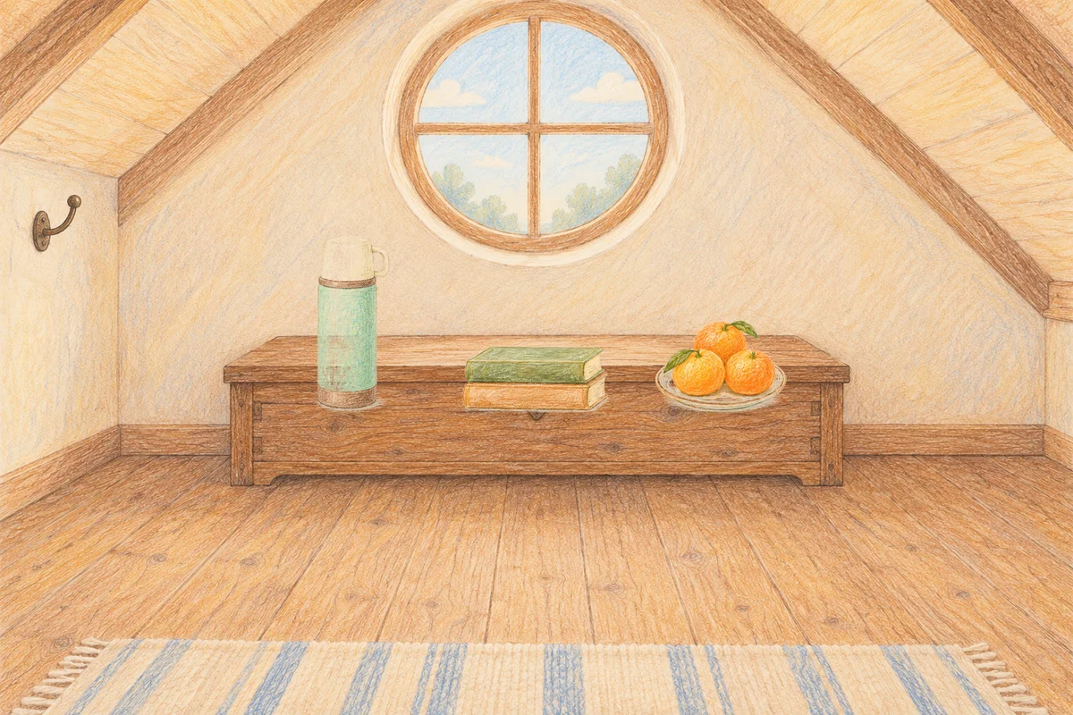 도곡동 여성전용 림프 페이셜 안내 그림, 낮의 다락방 나무 궤짝 위에 놓인 보온병, 책 두 권, 귤이 담긴 접시