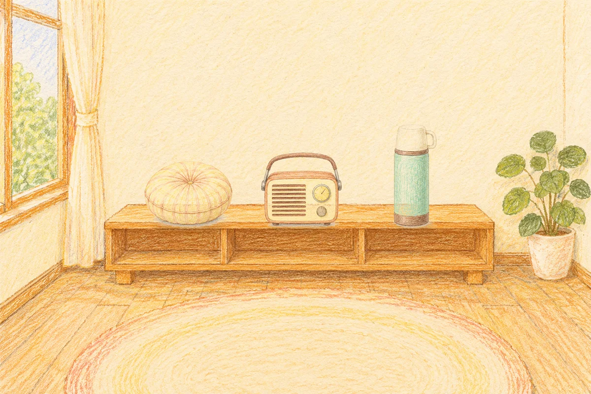도곡동 여성전용 피부 관리 안내 그림, 낮의 창가 낮은 선반 위에 놓인 둥근 쿠션, 작은 라디오, 보온병