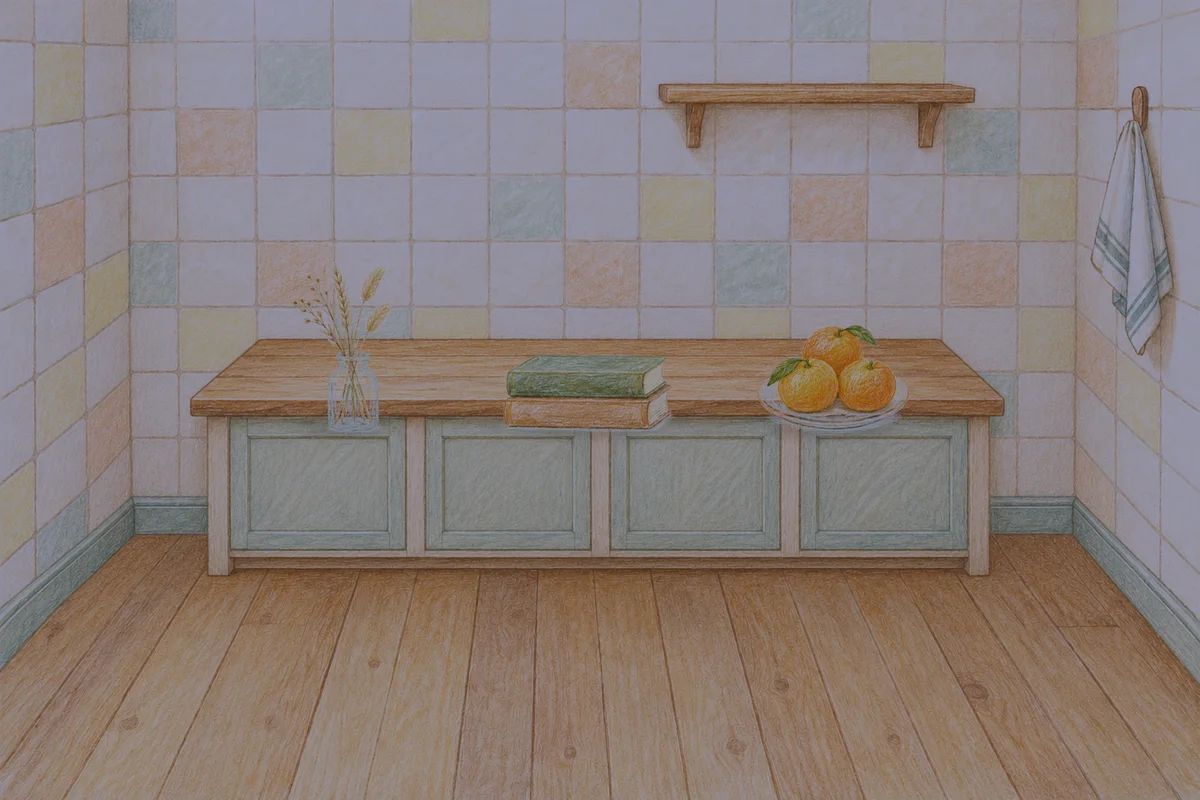 도곡동 여성전용 샵 마사지 안내 그림, 밤의 부엌 나무 조리대 위에 놓인 마른 풀을 꽂은 항아리, 책 두 권, 귤이 담긴 접시