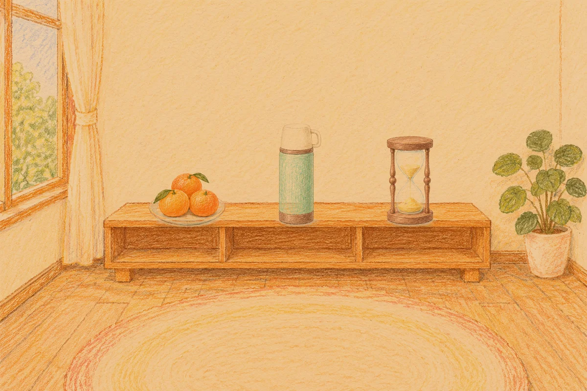 도곡동 여성전용 예약 마사지 안내 그림, 저녁의 창가 낮은 선반 위에 놓인 귤이 담긴 접시, 보온병, 모래시계