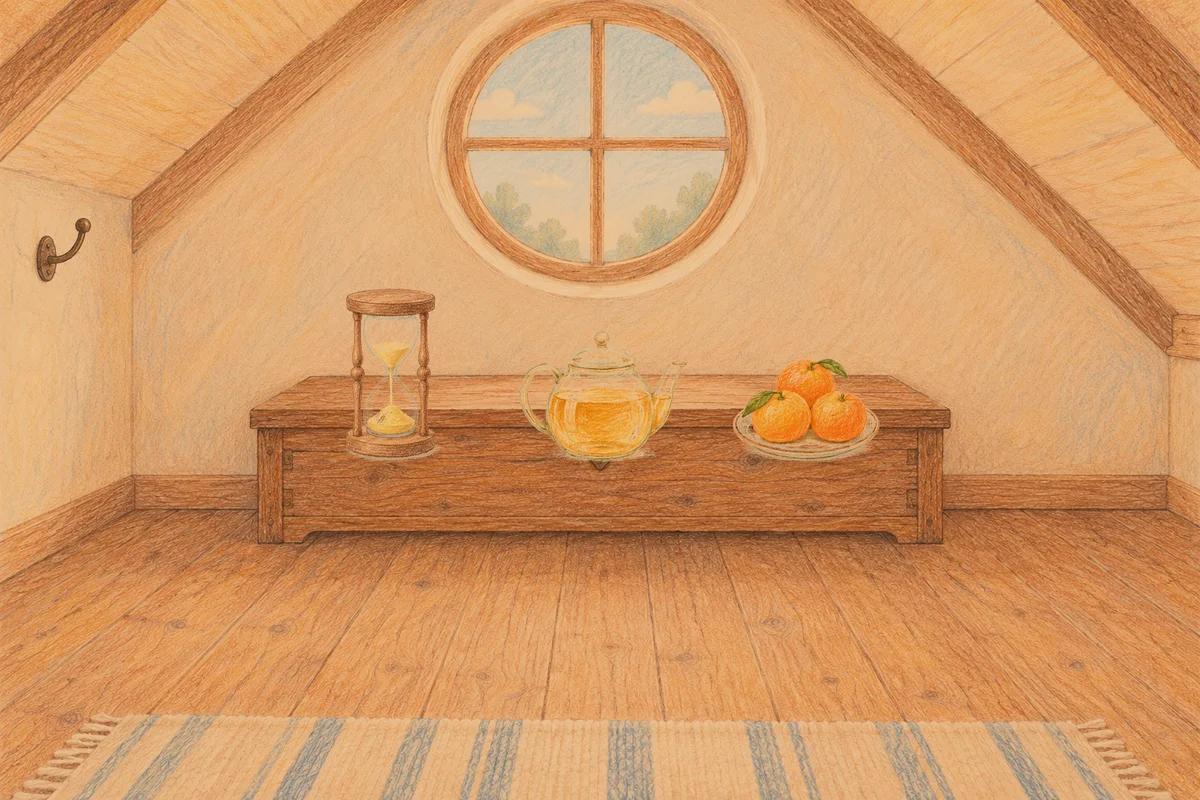 도곡동 여성전용 후기 마사지 안내 그림, 저녁의 다락방 나무 궤짝 위에 놓인 모래시계, 유리 티포트, 귤이 담긴 접시