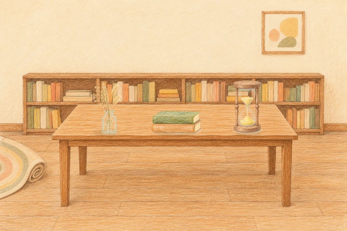 천호동 여성전용 스웨디시 마사지 안내 그림, 낮의 서재 긴 책상 위에 놓인 마른 풀을 꽂은 항아리, 책 두 권, 모래시계