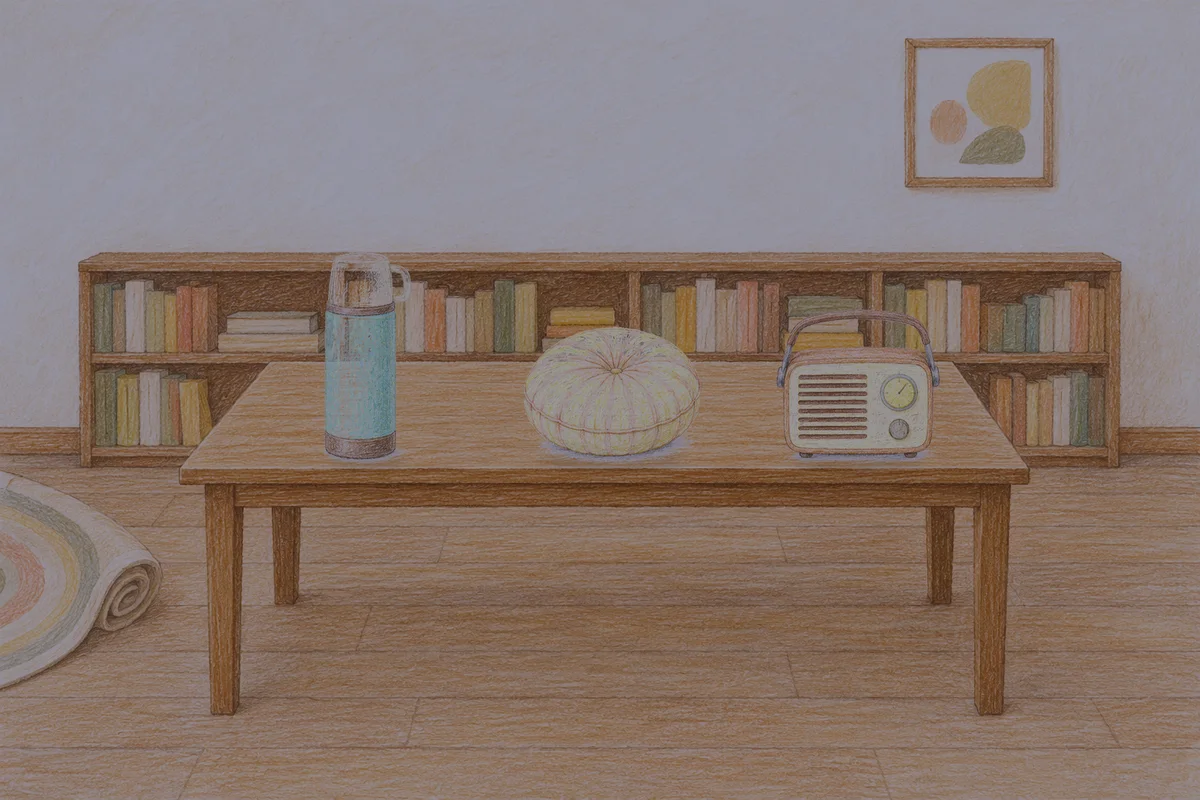 천호동 여성전용 아로마테라피 안내 그림, 밤의 서재 긴 책상 위에 놓인 보온병, 둥근 쿠션, 작은 라디오