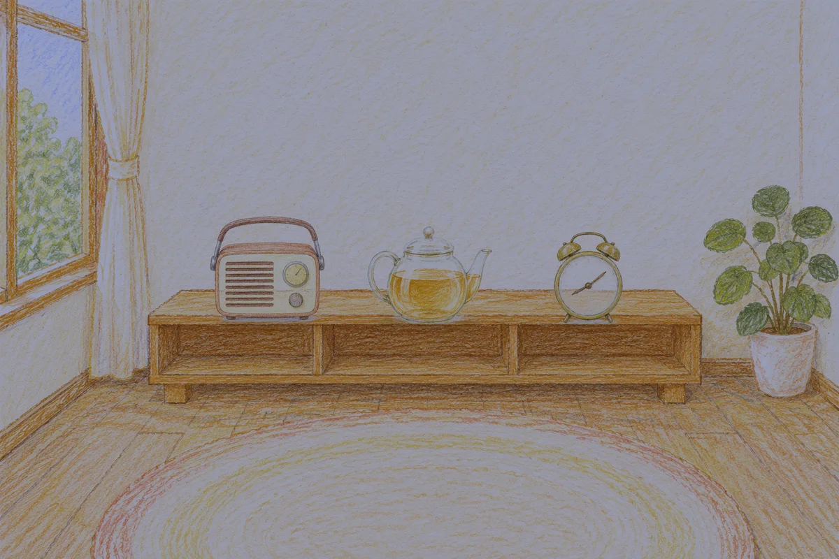 천호동 여성전용 스웨디시 가격 안내 그림, 밤의 창가 낮은 선반 위에 놓인 작은 라디오, 유리 티포트, 둥근 알람시계
