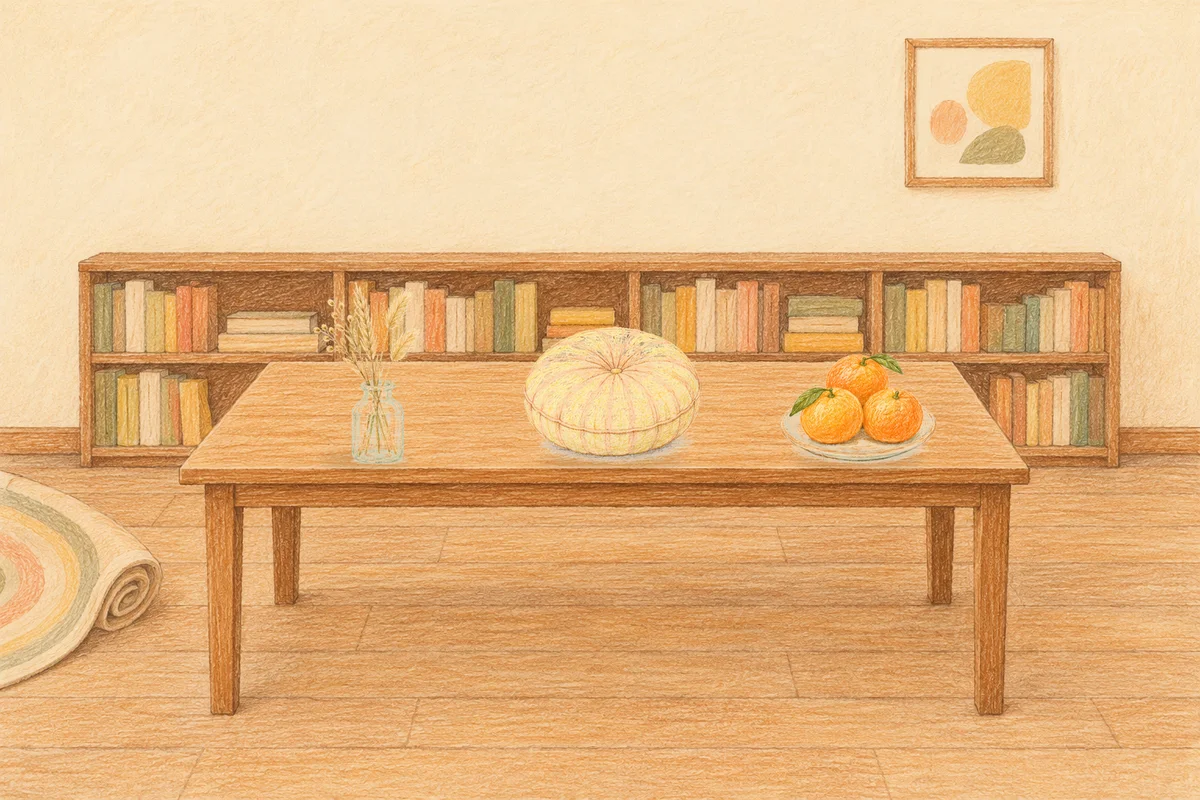 천호동 여성전용 아로마 가격 안내 그림, 낮의 서재 긴 책상 위에 놓인 마른 풀을 꽂은 항아리, 둥근 쿠션, 귤이 담긴 접시