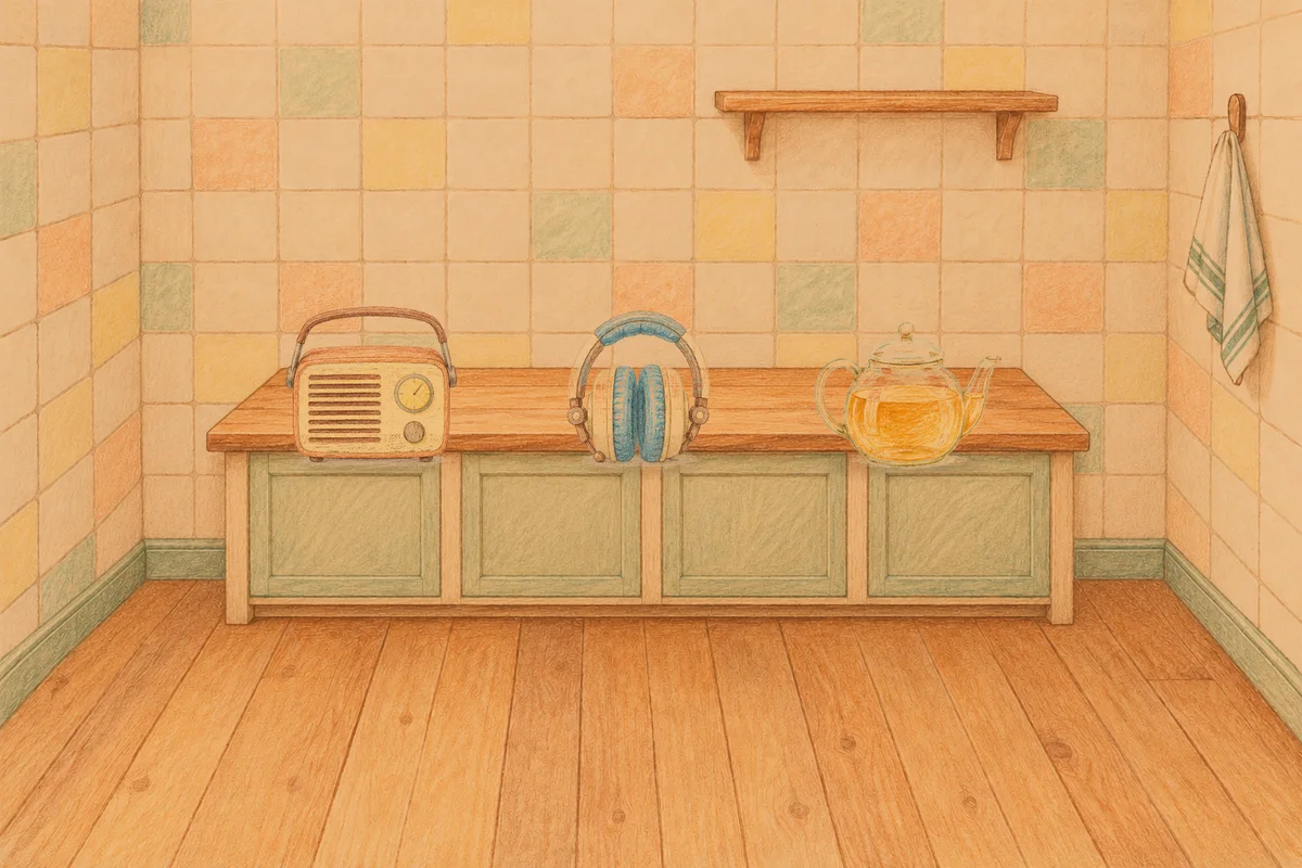 천호동 여성전용 얼굴 경락 안내 그림, 저녁의 부엌 나무 조리대 위에 놓인 작은 라디오, 헤드폰, 유리 티포트