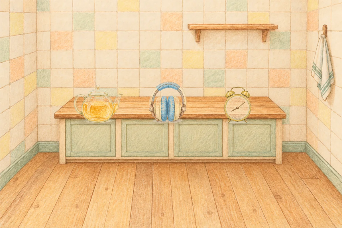 천호동 여성전용 바디 경락 안내 그림, 낮의 부엌 나무 조리대 위에 놓인 유리 티포트, 헤드폰, 둥근 알람시계