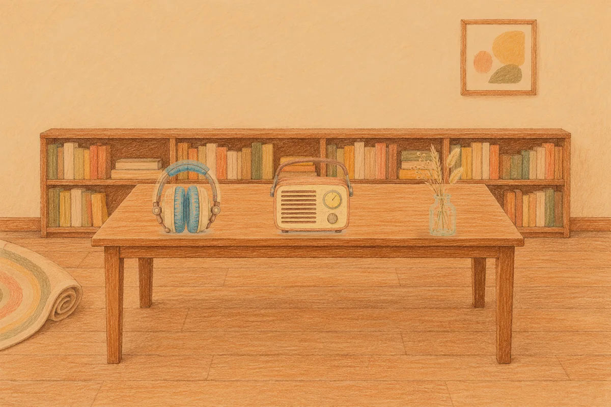 천호동 여성전용 경락 가격 안내 그림, 저녁의 서재 긴 책상 위에 놓인 헤드폰, 작은 라디오, 마른 풀을 꽂은 항아리
