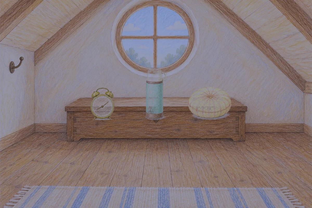 천호동 여성전용 홈케어 안내 그림, 밤의 다락방 나무 궤짝 위에 놓인 둥근 알람시계, 보온병, 둥근 쿠션