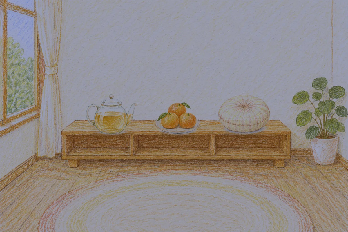 천호동 여성전용 방문 마사지 안내 그림, 밤의 창가 낮은 선반 위에 놓인 유리 티포트, 귤이 담긴 접시, 둥근 쿠션
