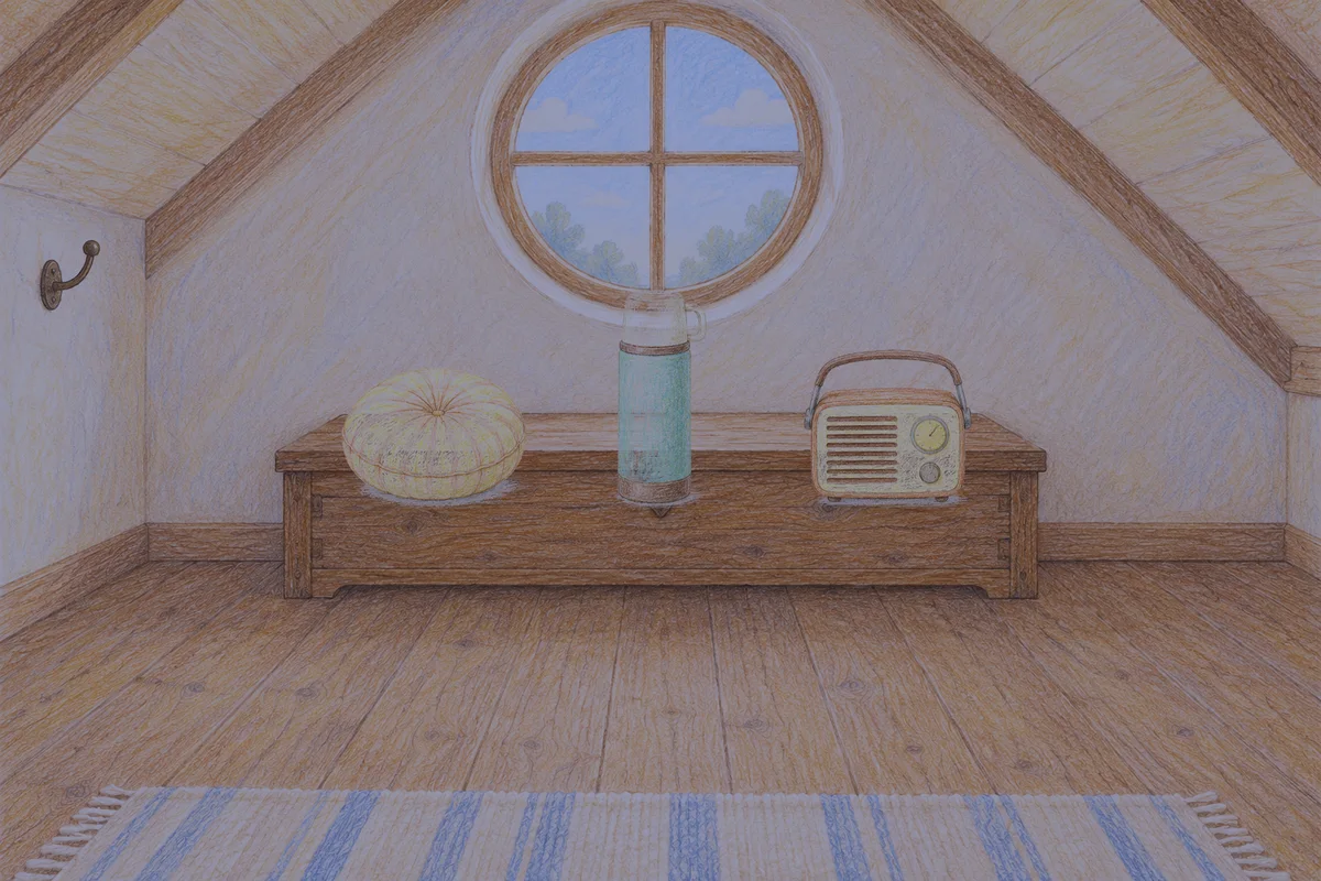 천호동 여성전용 방문 홈케어 안내 그림, 밤의 다락방 나무 궤짝 위에 놓인 둥근 쿠션, 보온병, 작은 라디오