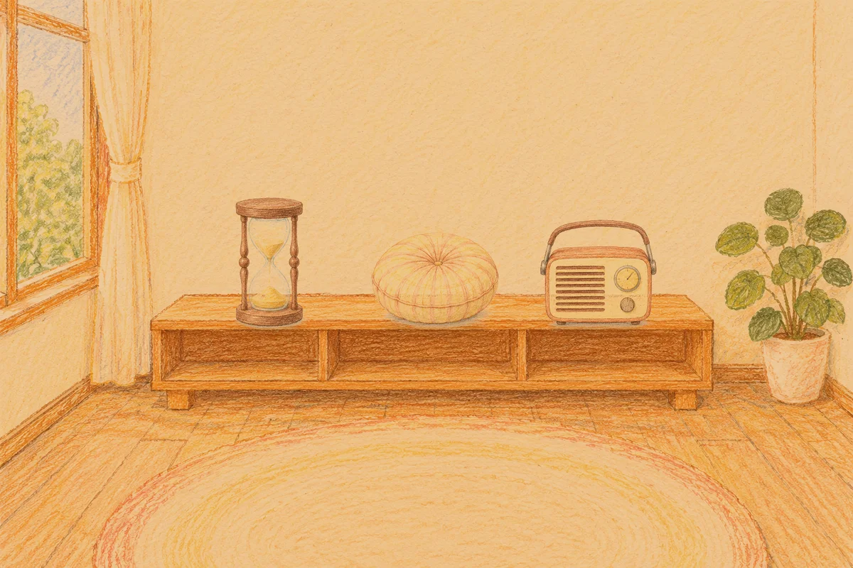 천호동 여성전용 프라이빗 케어 안내 그림, 저녁의 창가 낮은 선반 위에 놓인 모래시계, 둥근 쿠션, 작은 라디오