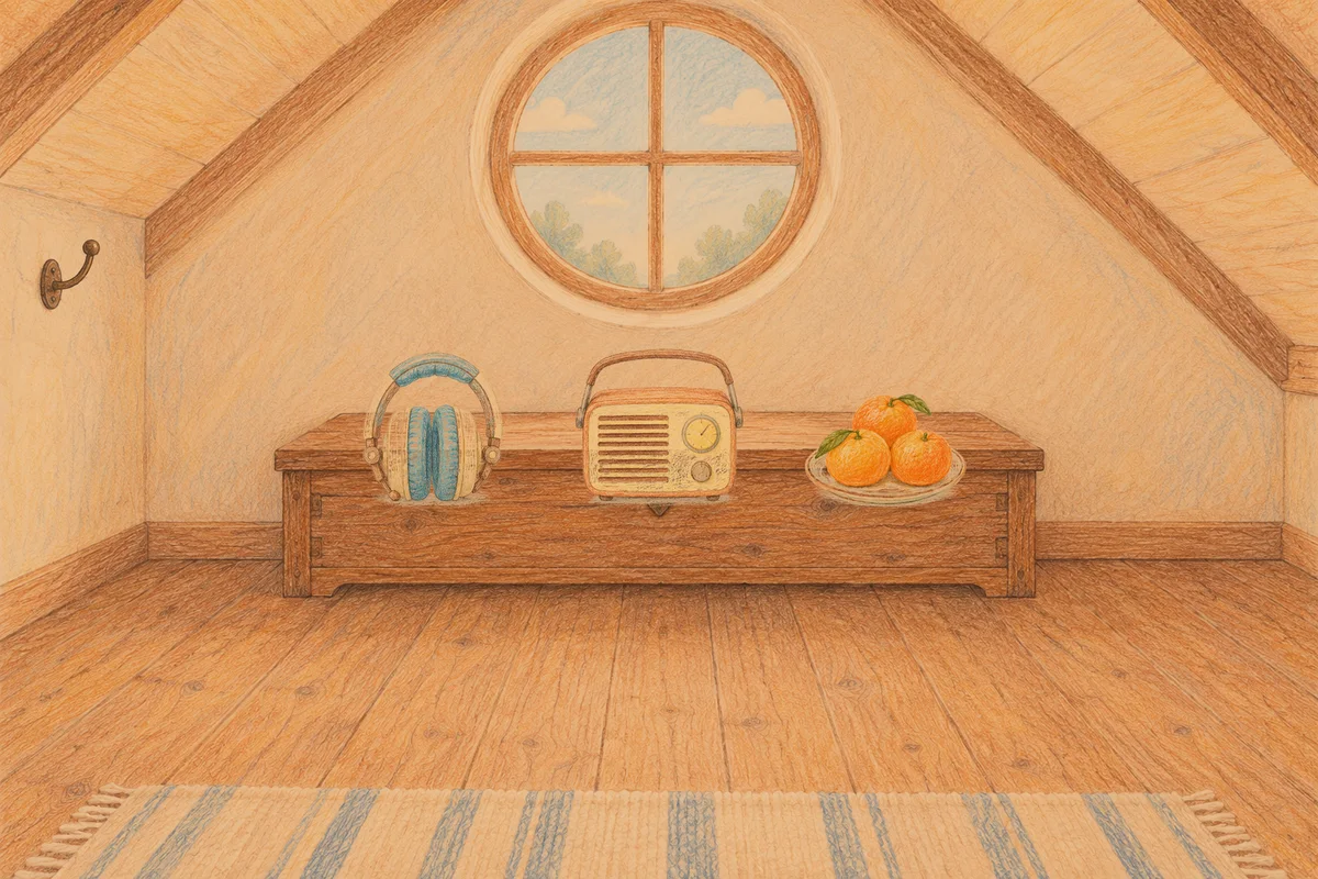 천호동 여성전용 홈케어 추천 안내 그림, 저녁의 다락방 나무 궤짝 위에 놓인 헤드폰, 작은 라디오, 귤이 담긴 접시