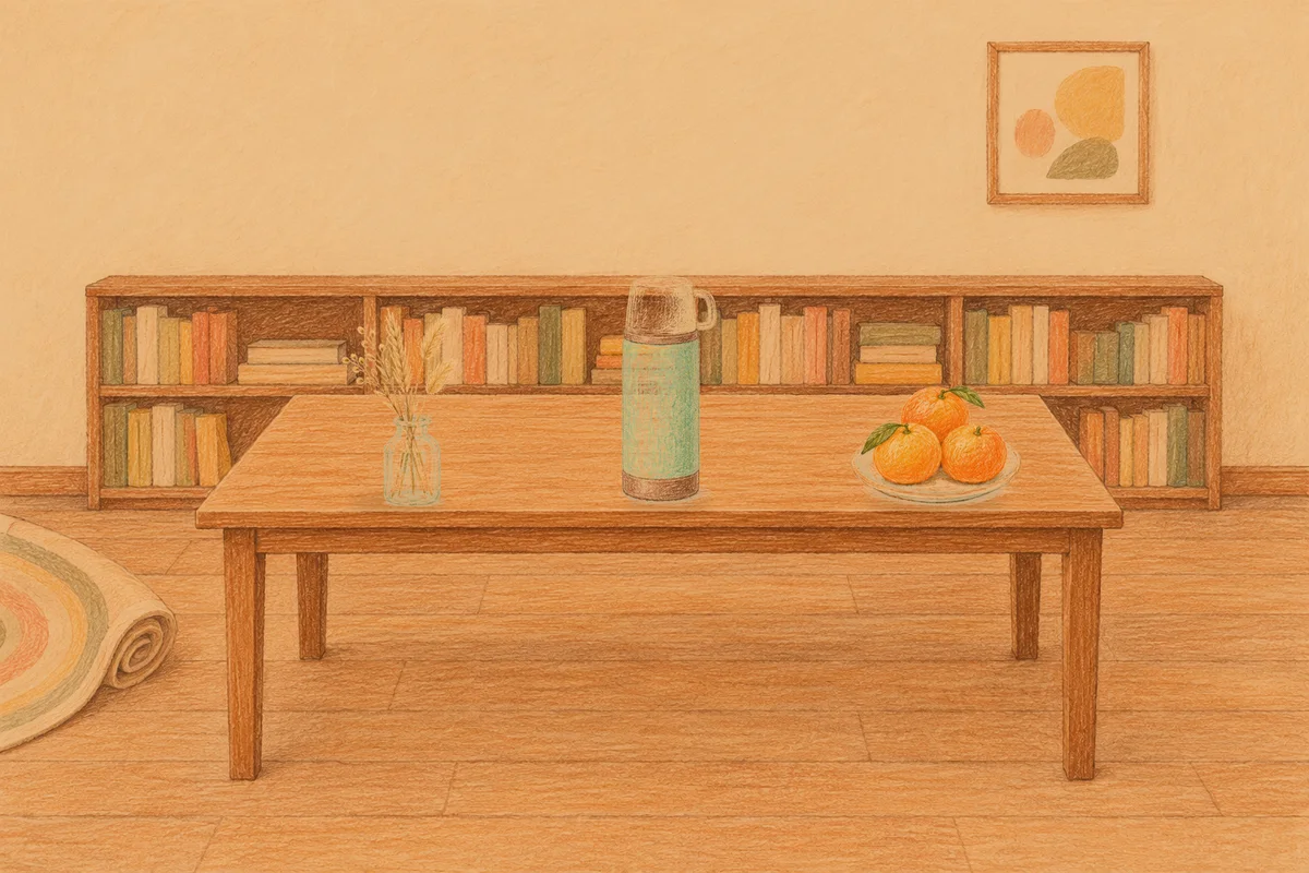 천호동 여성전용 발관리 안내 그림, 저녁의 서재 긴 책상 위에 놓인 마른 풀을 꽂은 항아리, 보온병, 귤이 담긴 접시
