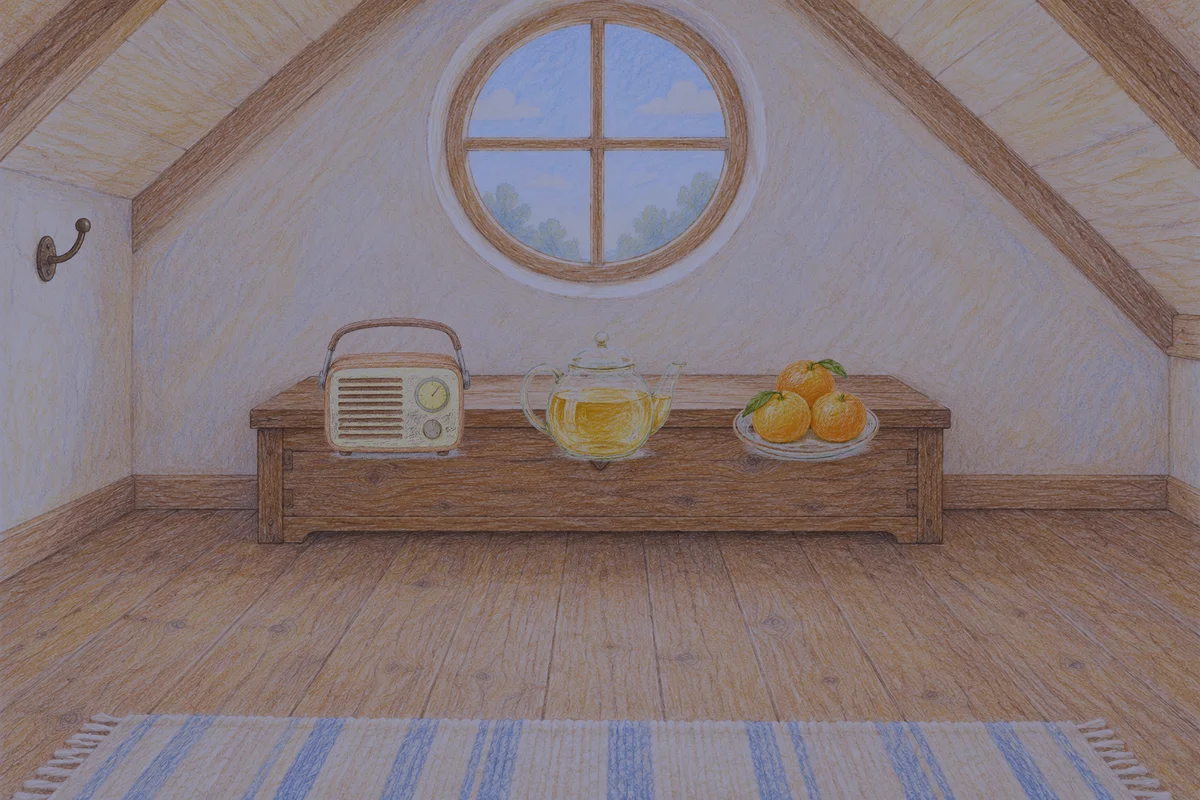 천호동 여성전용 발 부종 케어 안내 그림, 밤의 다락방 나무 궤짝 위에 놓인 작은 라디오, 유리 티포트, 귤이 담긴 접시