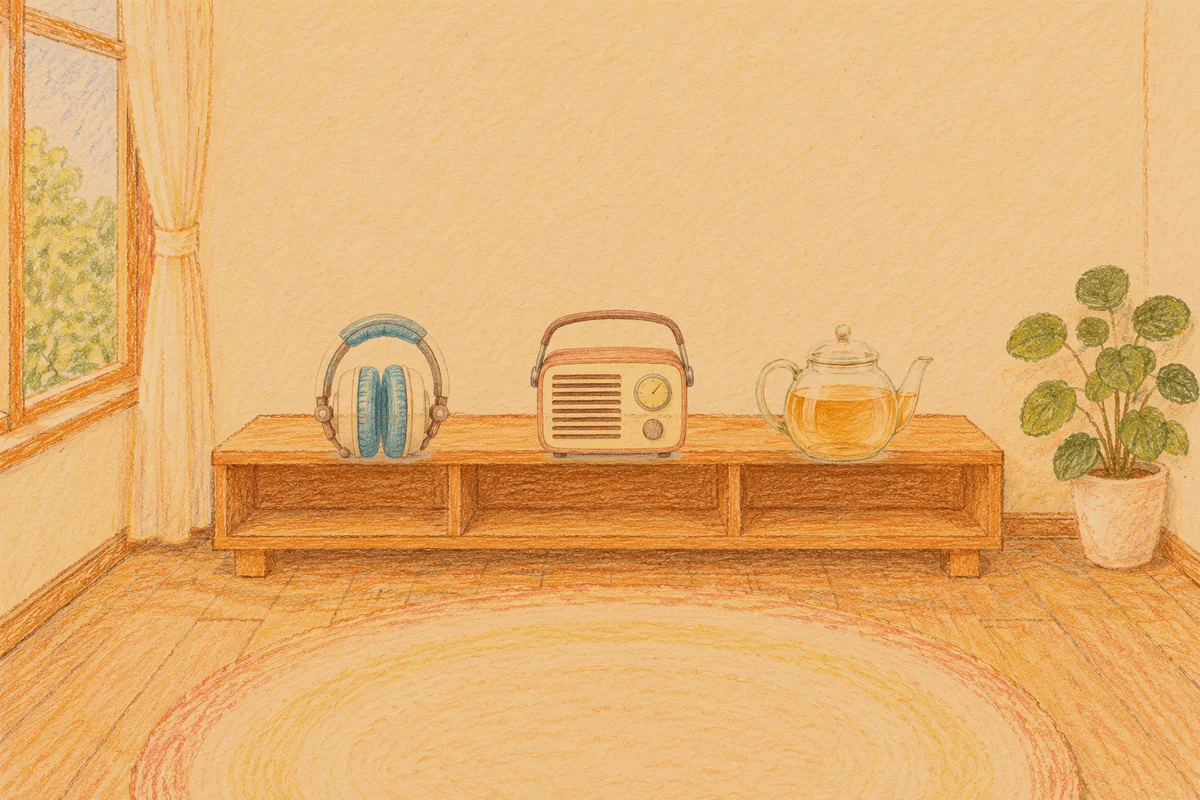 천호동 여성전용 림프 마사지 안내 그림, 저녁의 창가 낮은 선반 위에 놓인 헤드폰, 작은 라디오, 유리 티포트