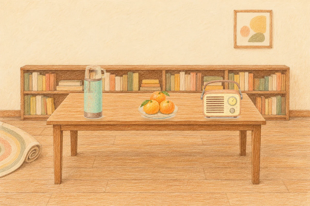 천호동 여성전용 복부 마사지 안내 그림, 낮의 서재 긴 책상 위에 놓인 보온병, 귤이 담긴 접시, 작은 라디오