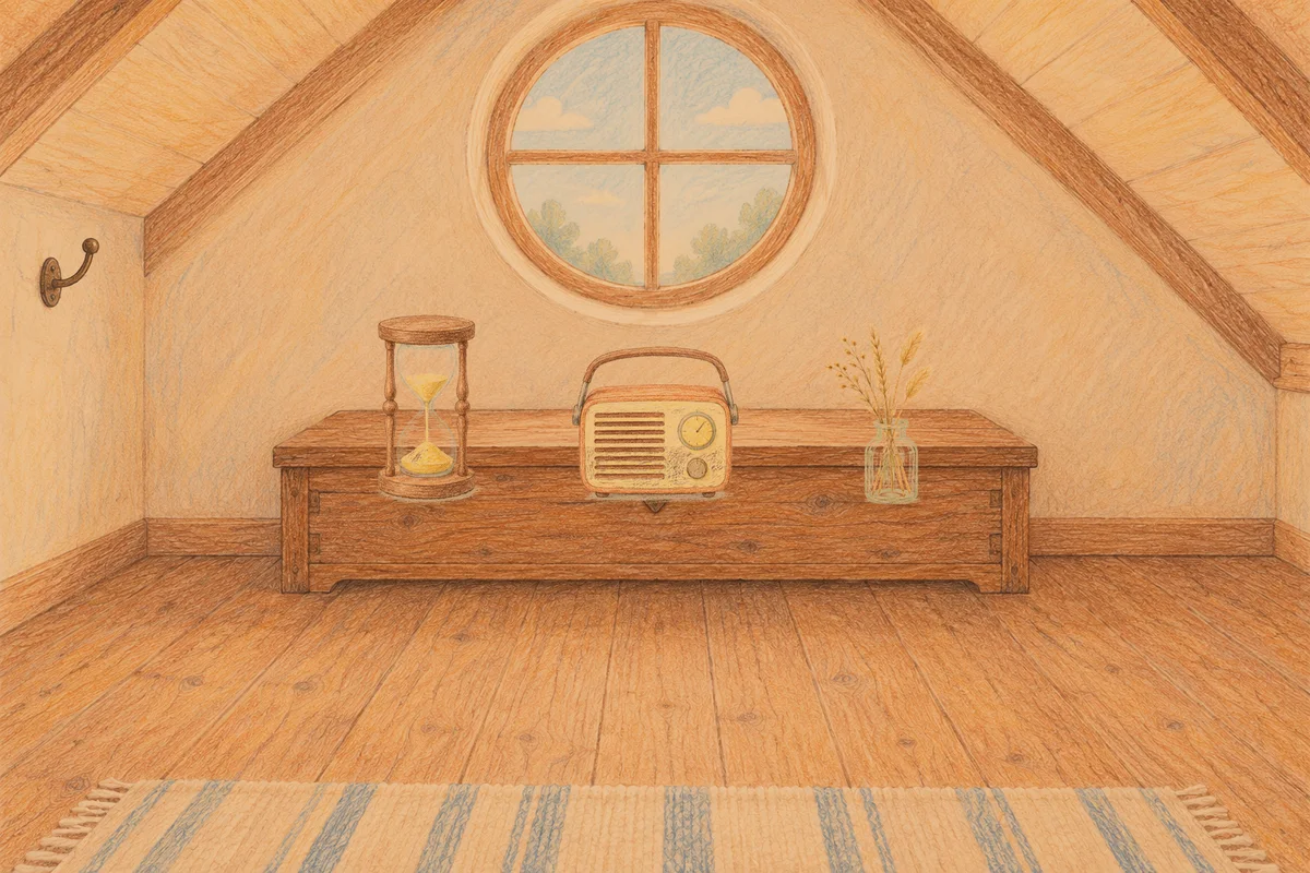 천호동 여성전용 종아리 케어 안내 그림, 저녁의 다락방 나무 궤짝 위에 놓인 모래시계, 작은 라디오, 마른 풀을 꽂은 항아리