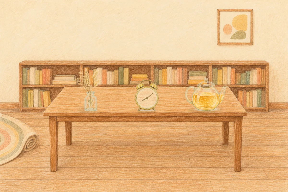천호동 여성전용 목 어깨 케어 안내 그림, 낮의 서재 긴 책상 위에 놓인 마른 풀을 꽂은 항아리, 둥근 알람시계, 유리 티포트