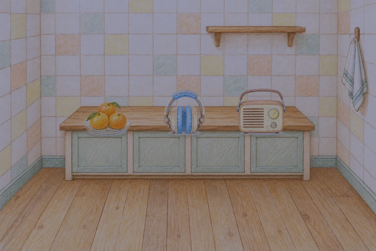 천호동 여성전용 스트레스 케어 안내 그림, 밤의 부엌 나무 조리대 위에 놓인 귤이 담긴 접시, 헤드폰, 작은 라디오