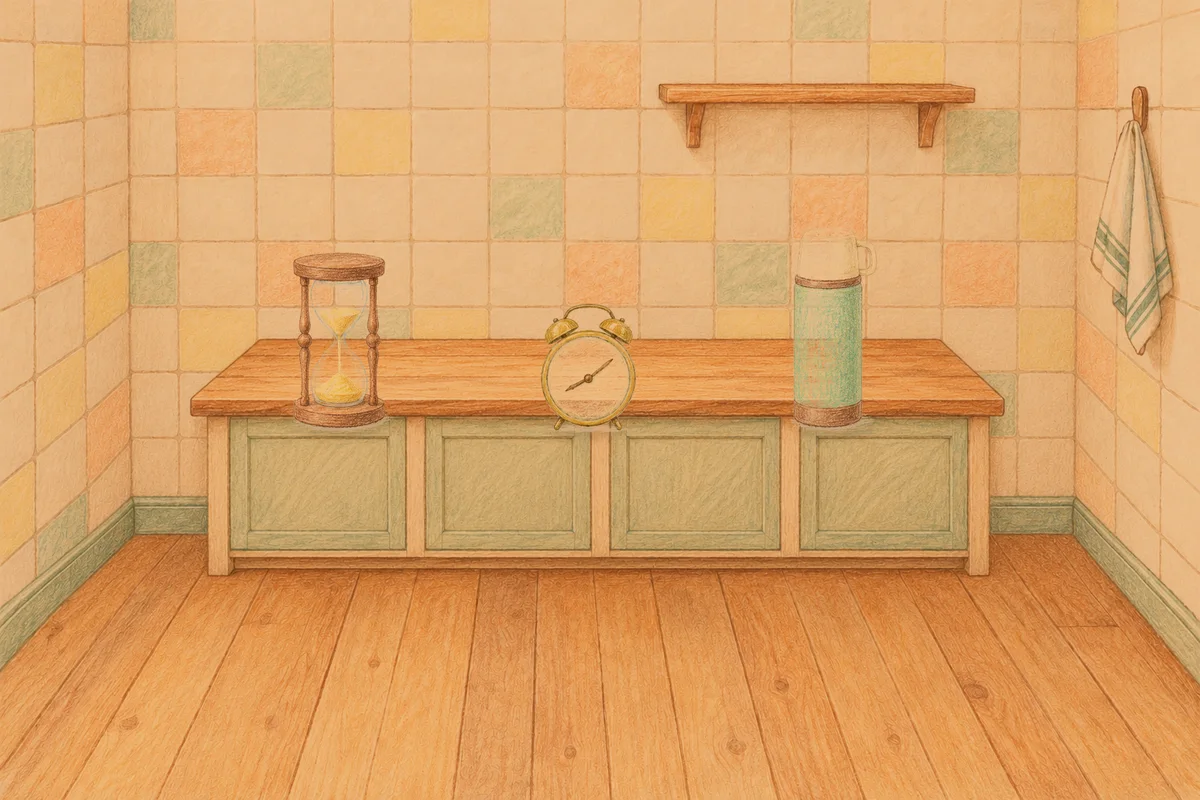 천호동 여성전용 페이셜 마사지 안내 그림, 저녁의 부엌 나무 조리대 위에 놓인 모래시계, 둥근 알람시계, 보온병