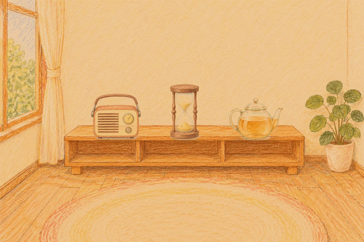 천호동 여성전용 얼굴 마사지 안내 그림, 저녁의 창가 낮은 선반 위에 놓인 작은 라디오, 모래시계, 유리 티포트