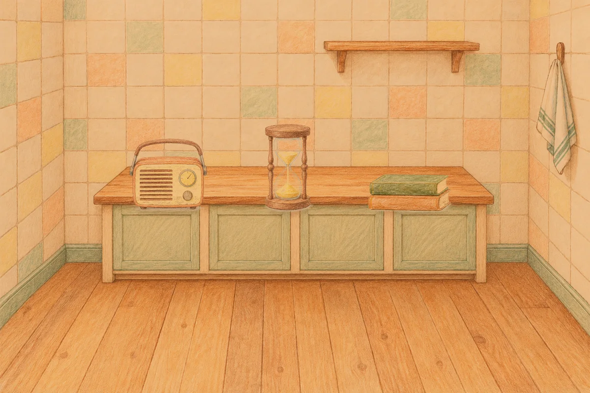 천호동 여성전용 림프 페이셜 안내 그림, 저녁의 부엌 나무 조리대 위에 놓인 작은 라디오, 모래시계, 책 두 권