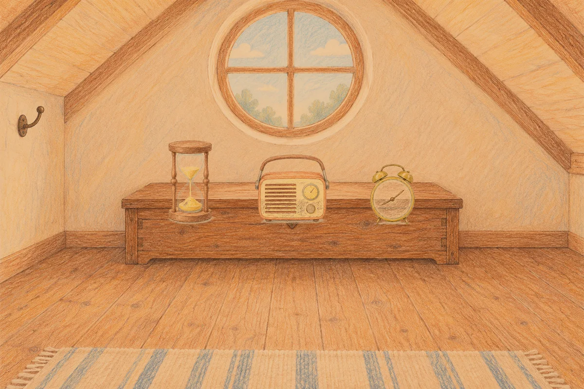 천호동 여성전용 브라이덜 케어 안내 그림, 저녁의 다락방 나무 궤짝 위에 놓인 모래시계, 작은 라디오, 둥근 알람시계