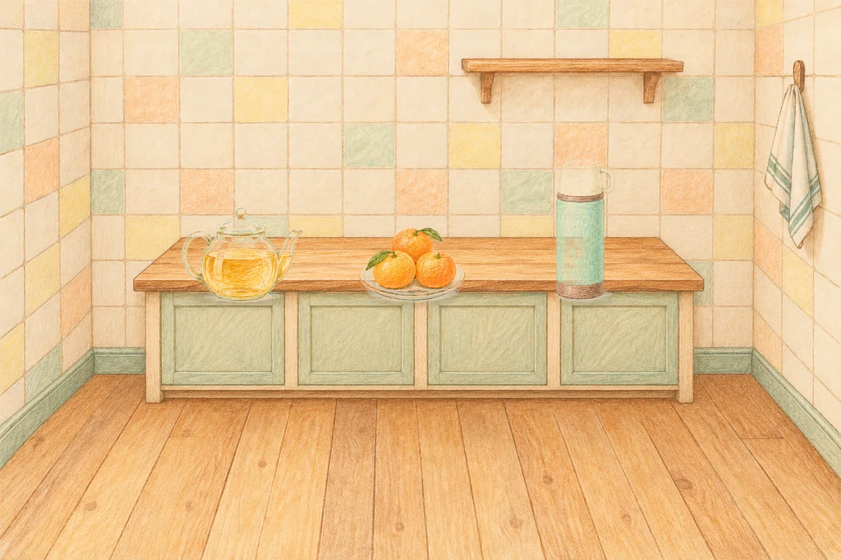 천호동 여성전용 피부 관리 안내 그림, 낮의 부엌 나무 조리대 위에 놓인 유리 티포트, 귤이 담긴 접시, 보온병
