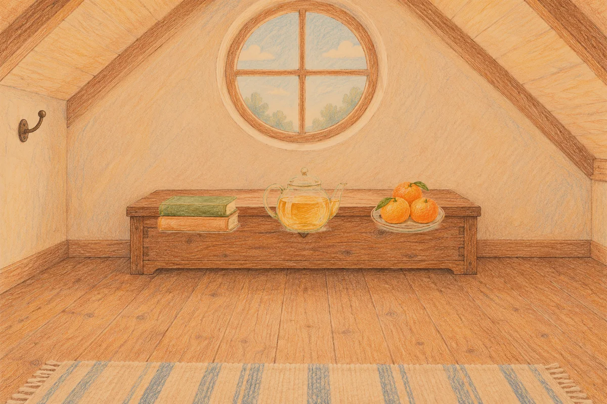 천호동 여성전용 추천 마사지 안내 그림, 저녁의 다락방 나무 궤짝 위에 놓인 책 두 권, 유리 티포트, 귤이 담긴 접시