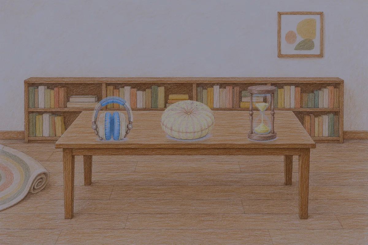 천호동 여성전용 출장 마사지 안내 그림, 밤의 서재 긴 책상 위에 놓인 헤드폰, 둥근 쿠션, 모래시계
