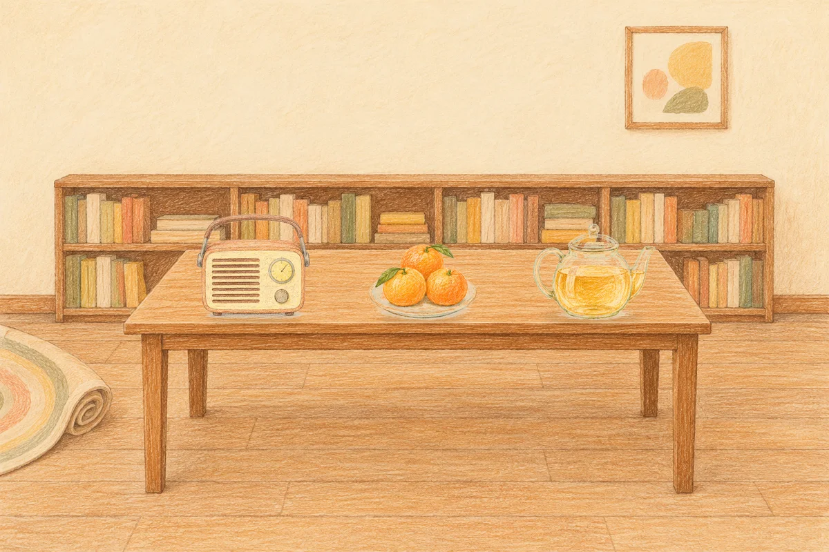 천호동 여성전용 출장 마사지 후기 안내 그림, 낮의 서재 긴 책상 위에 놓인 작은 라디오, 귤이 담긴 접시, 유리 티포트