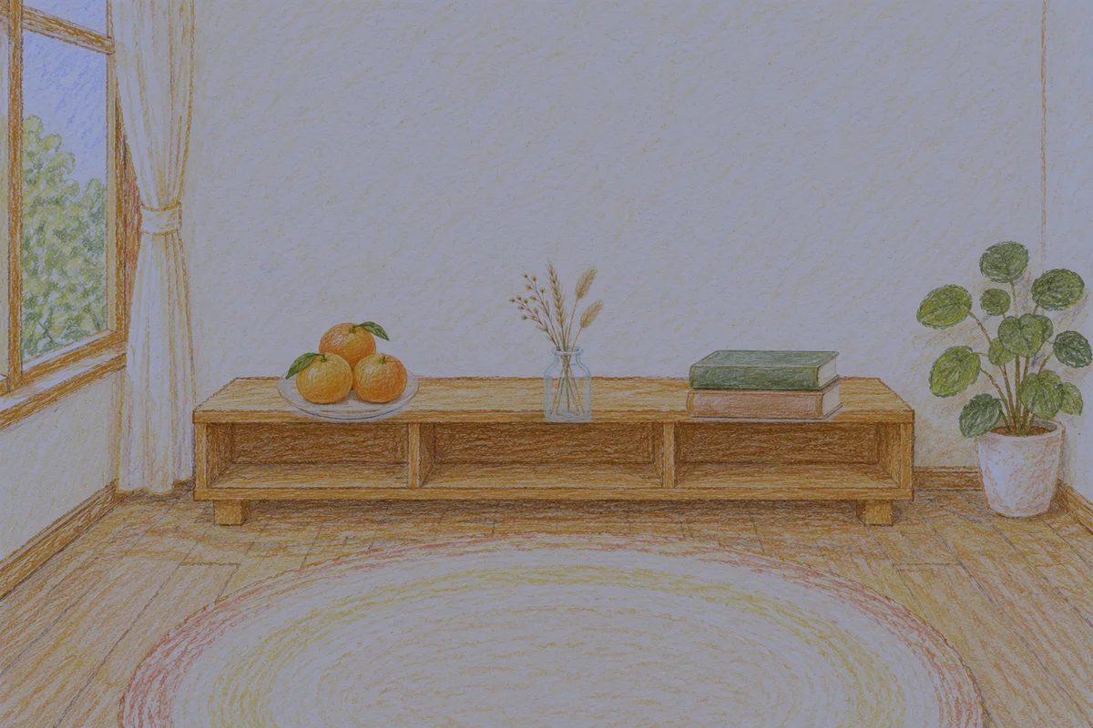 성내동 여성전용 아로마 마사지 안내 그림, 밤의 창가 낮은 선반 위에 놓인 귤이 담긴 접시, 마른 풀을 꽂은 항아리, 책 두 권