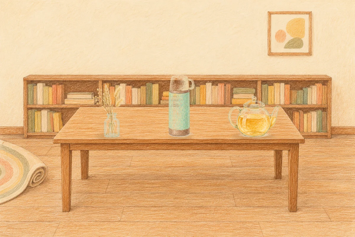 성내동 여성전용 라벤더 아로마 안내 그림, 낮의 서재 긴 책상 위에 놓인 마른 풀을 꽂은 항아리, 보온병, 유리 티포트