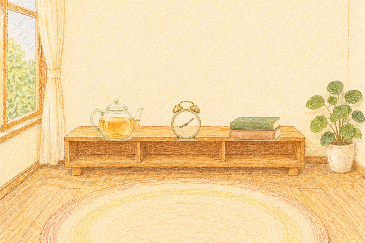 성내동 여성전용 아로마 마사지 후기 안내 그림, 낮의 창가 낮은 선반 위에 놓인 유리 티포트, 둥근 알람시계, 책 두 권