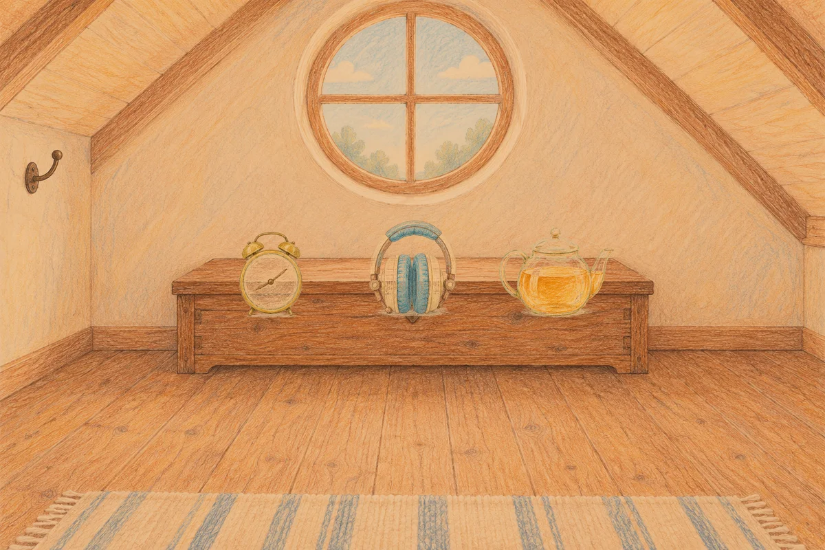 성내동 여성전용 아로마 가격 안내 그림, 저녁의 다락방 나무 궤짝 위에 놓인 둥근 알람시계, 헤드폰, 유리 티포트