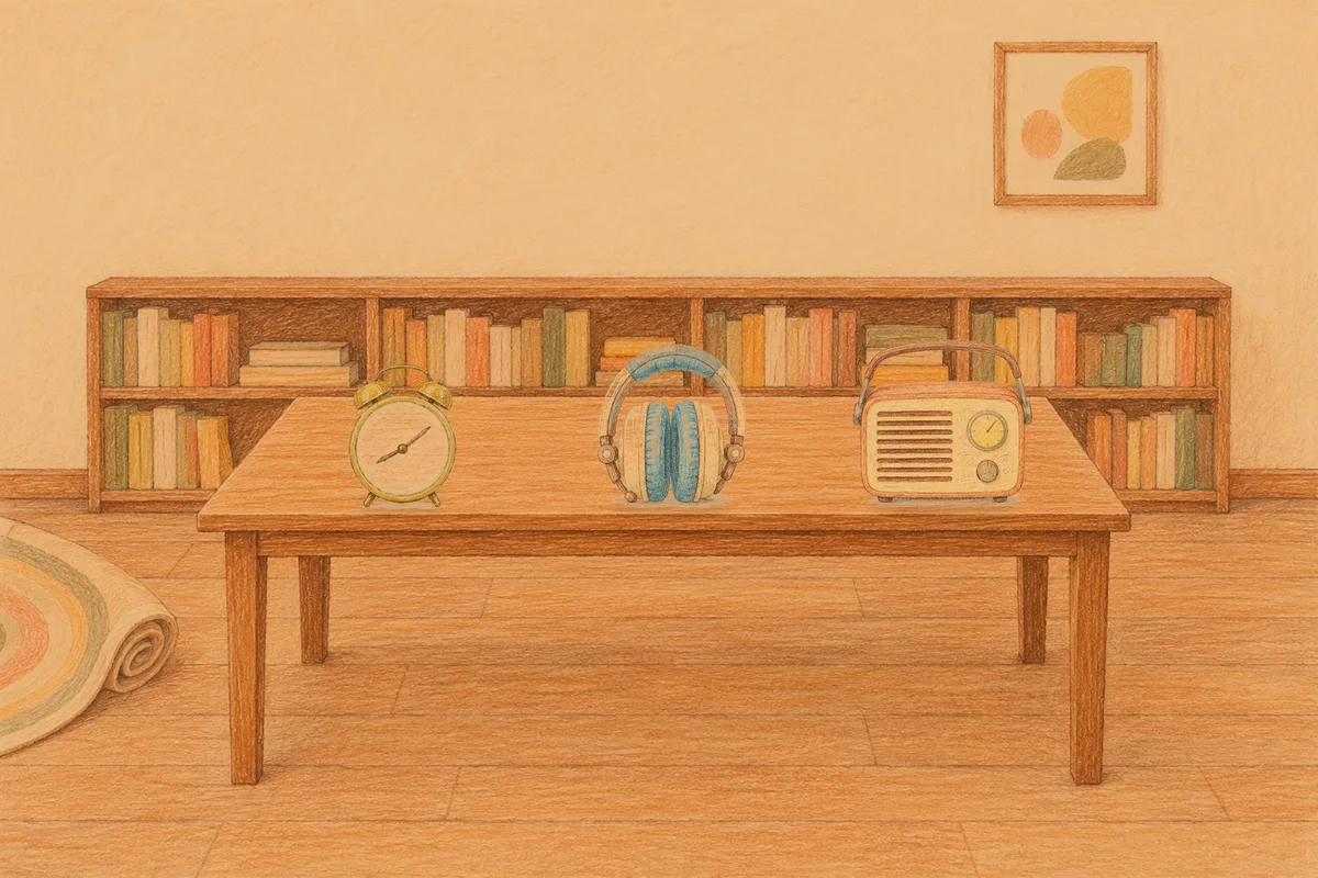 성내동 여성전용 아로마 추천 안내 그림, 저녁의 서재 긴 책상 위에 놓인 둥근 알람시계, 헤드폰, 작은 라디오