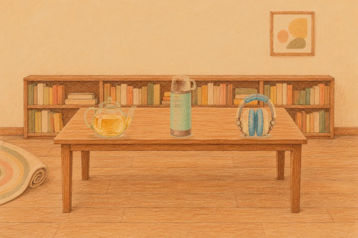 성내동 여성전용 얼굴 경락 안내 그림, 저녁의 서재 긴 책상 위에 놓인 유리 티포트, 보온병, 헤드폰