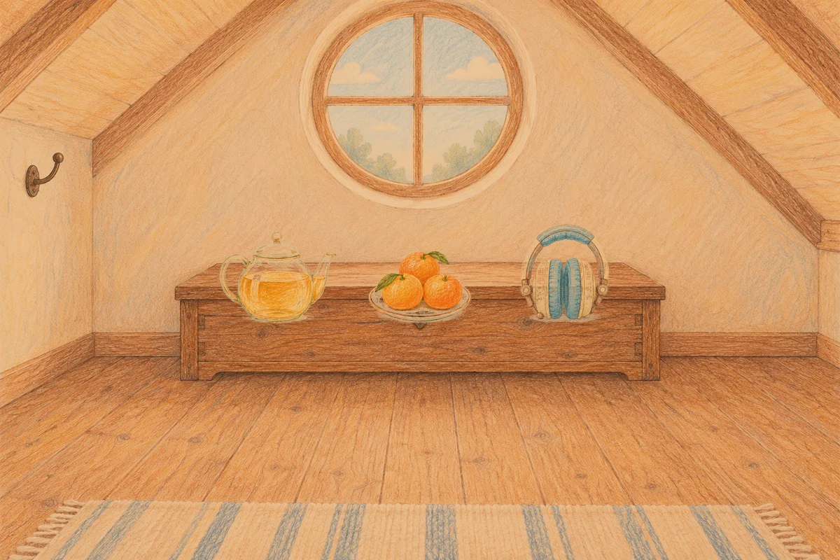 성내동 여성전용 경락 가격 안내 그림, 저녁의 다락방 나무 궤짝 위에 놓인 유리 티포트, 귤이 담긴 접시, 헤드폰