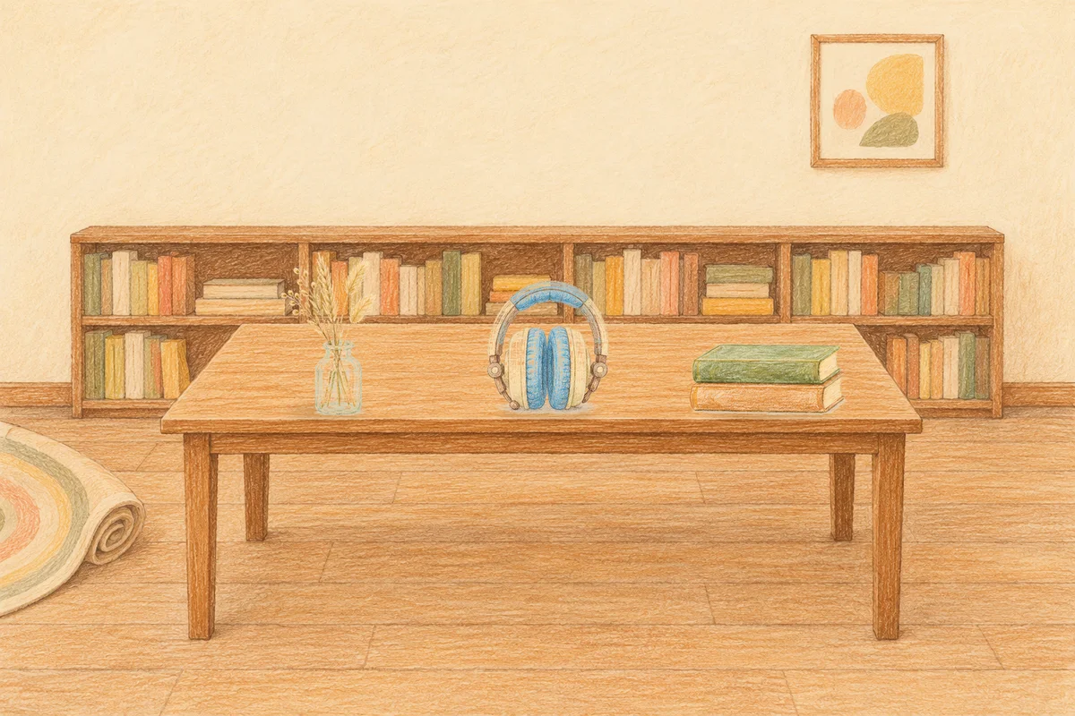 성내동 여성전용 경락 추천 안내 그림, 낮의 서재 긴 책상 위에 놓인 마른 풀을 꽂은 항아리, 헤드폰, 책 두 권