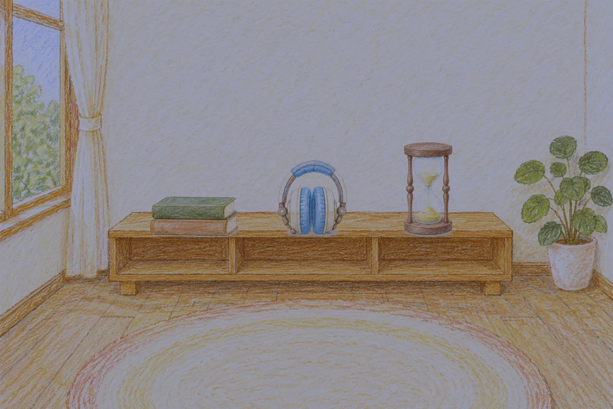 성내동 여성전용 홈케어 안내 그림, 밤의 창가 낮은 선반 위에 놓인 책 두 권, 헤드폰, 모래시계
