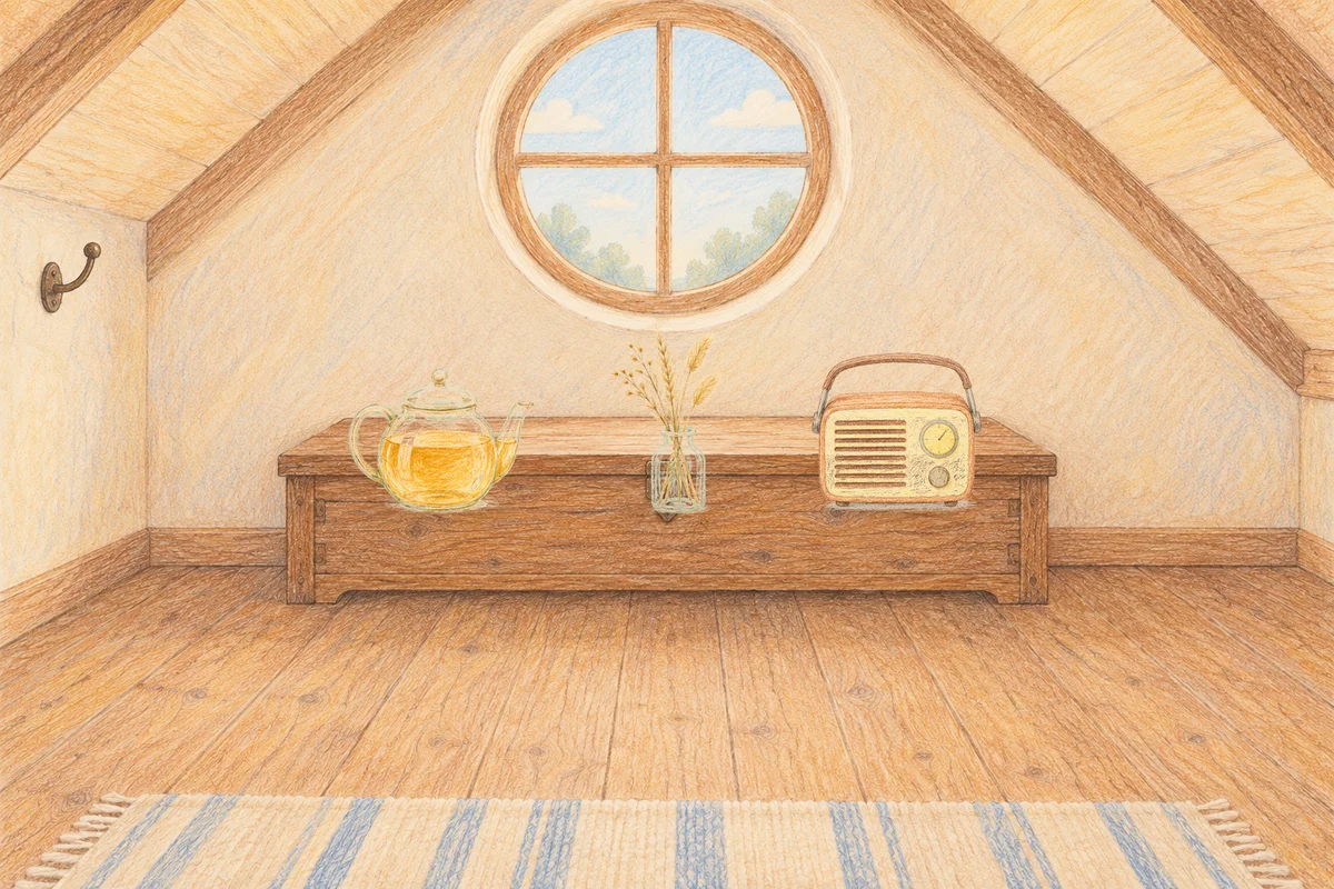 성내동 여성전용 방문 마사지 안내 그림, 낮의 다락방 나무 궤짝 위에 놓인 유리 티포트, 마른 풀을 꽂은 항아리, 작은 라디오