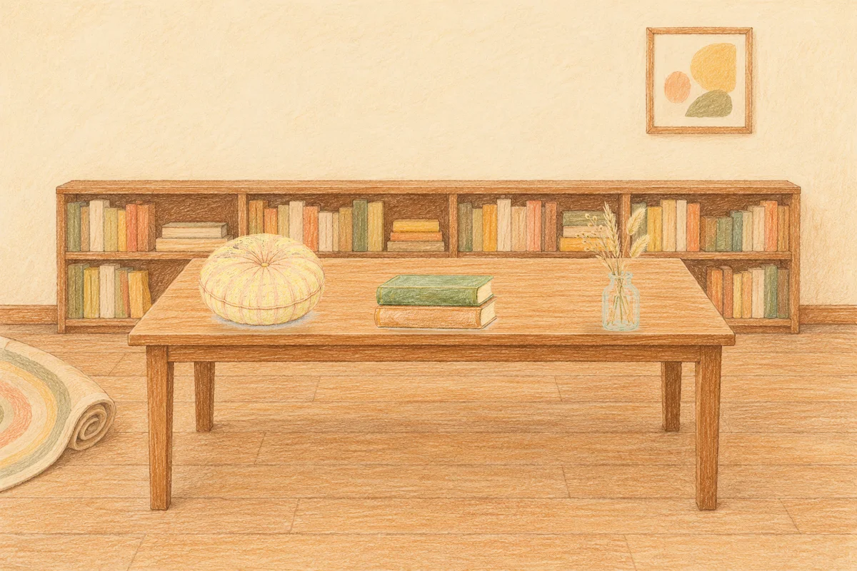성내동 여성전용 홈케어 후기 안내 그림, 낮의 서재 긴 책상 위에 놓인 둥근 쿠션, 책 두 권, 마른 풀을 꽂은 항아리