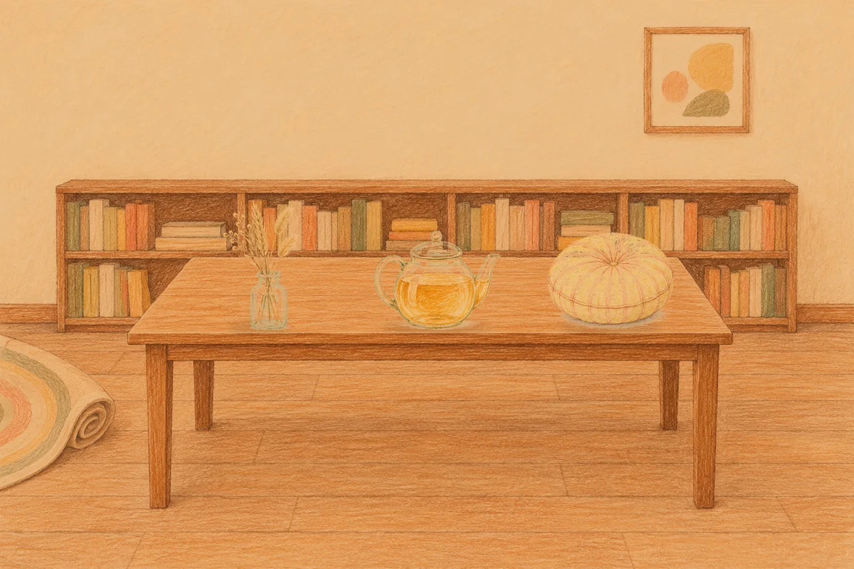 성내동 여성전용 발마사지 안내 그림, 저녁의 서재 긴 책상 위에 놓인 마른 풀을 꽂은 항아리, 유리 티포트, 둥근 쿠션