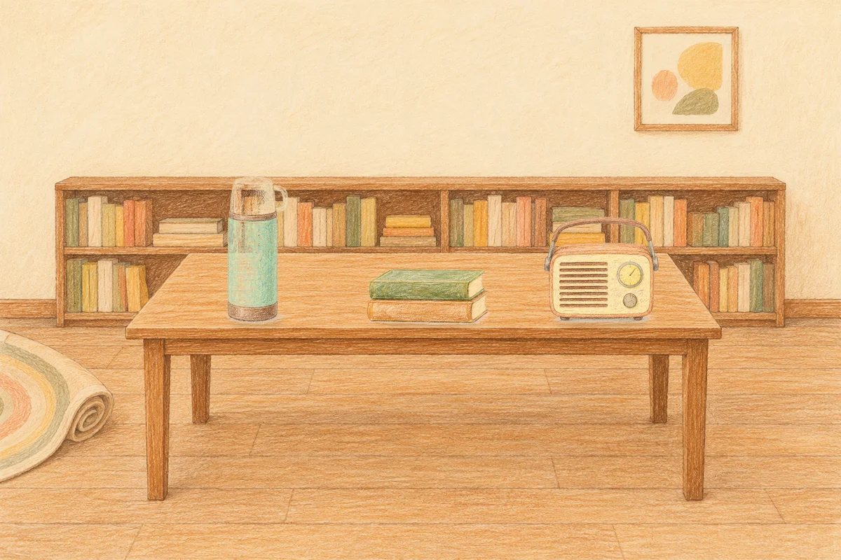 성내동 여성전용 발 부종 케어 안내 그림, 낮의 서재 긴 책상 위에 놓인 보온병, 책 두 권, 작은 라디오