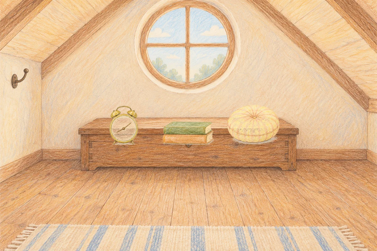 성내동 여성전용 발관리 후기 안내 그림, 낮의 다락방 나무 궤짝 위에 놓인 둥근 알람시계, 책 두 권, 둥근 쿠션