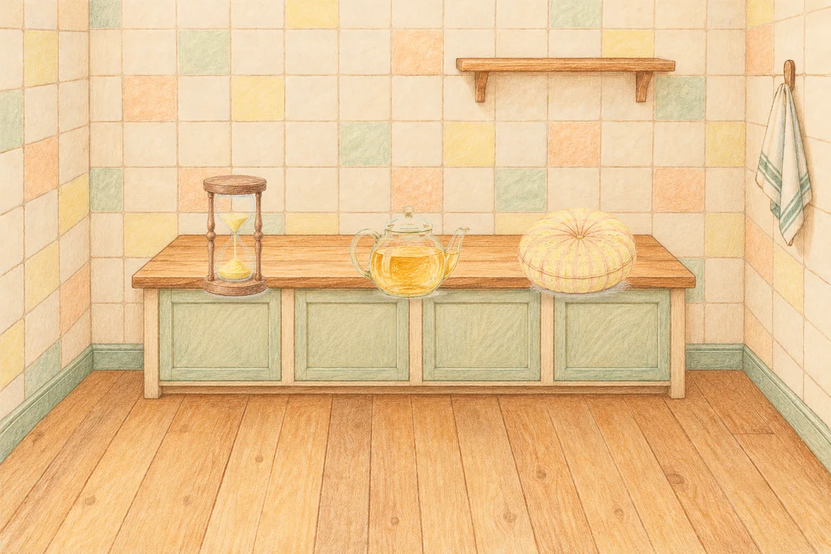 성내동 여성전용 다이어트 마사지 안내 그림, 낮의 부엌 나무 조리대 위에 놓인 모래시계, 유리 티포트, 둥근 쿠션