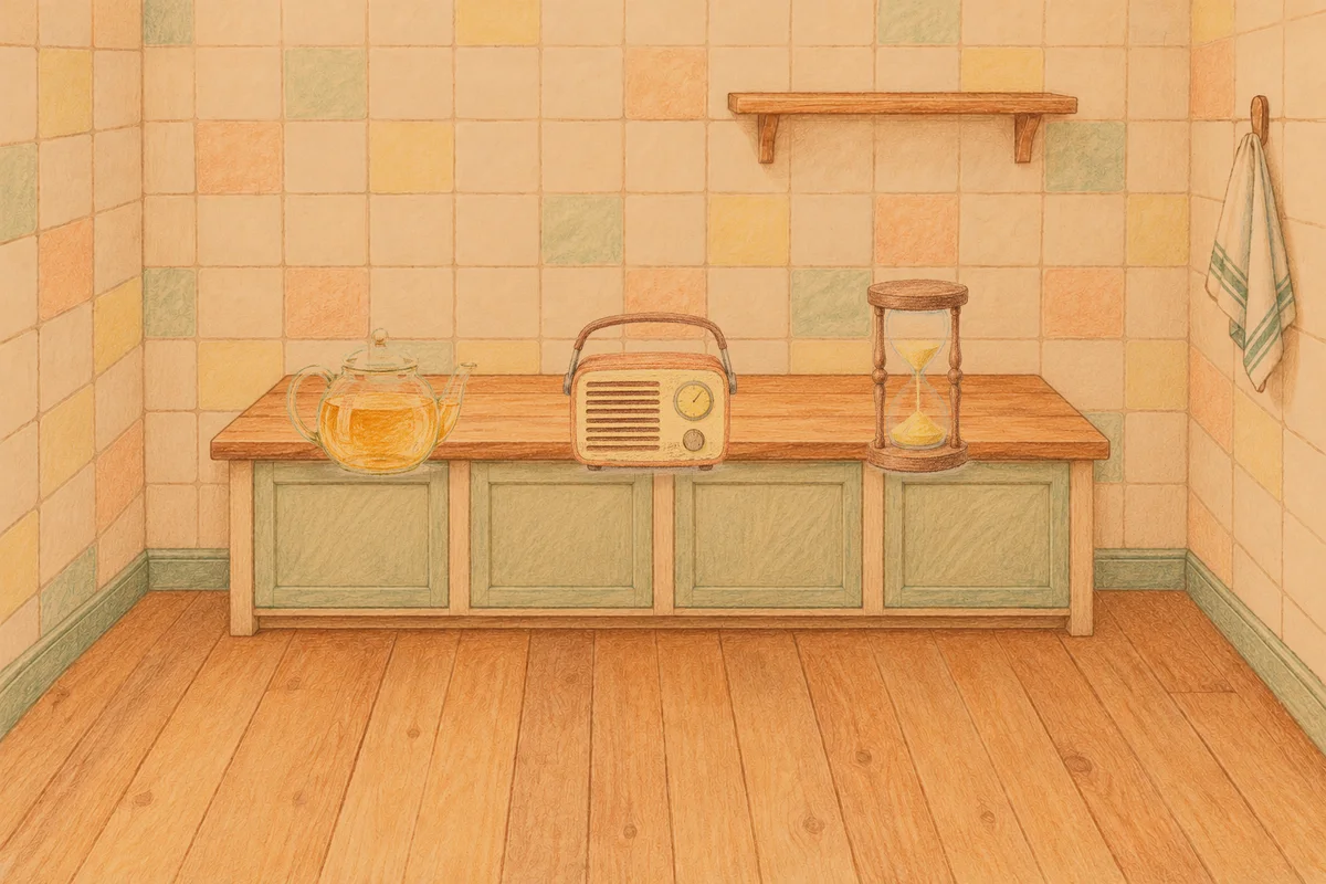 성내동 여성전용 두피 케어 안내 그림, 저녁의 부엌 나무 조리대 위에 놓인 유리 티포트, 작은 라디오, 모래시계